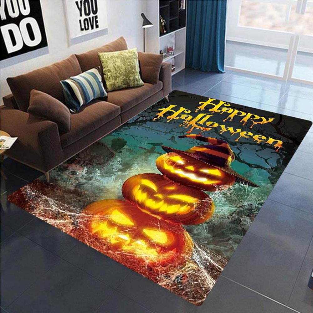 Halloween Carpet Mat Rug Gothic Pumpkin Skull Witch Hat Haunted House Bat Print Festive Home Decoration Living Room Floor Decor