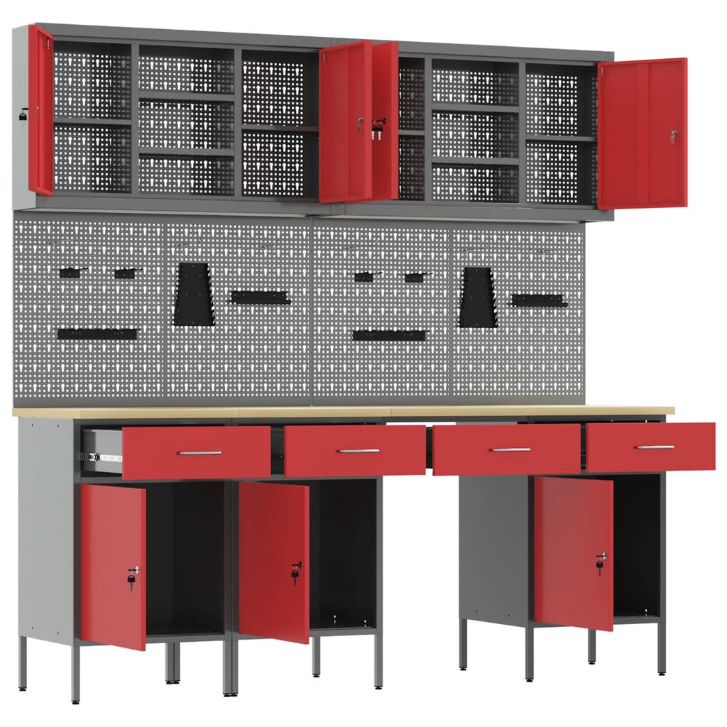 Workbench with Drawers 10 pcs Red Engineered Wood and Steel