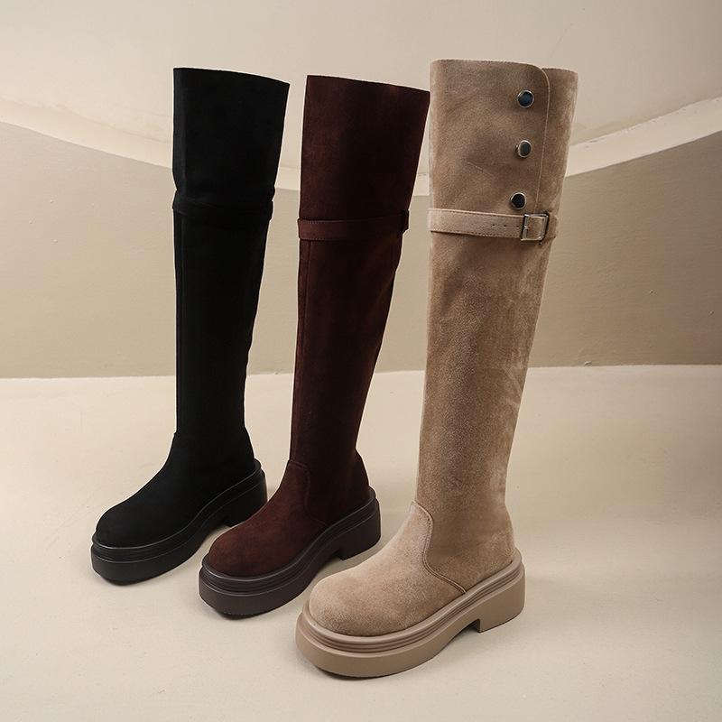 Over-knee Boots Women's Thick-soled Inner Height Increase Merad Long-tube Boots Thick-soled Large-tube Circumference Widened Fat Mm Large Size Velvet