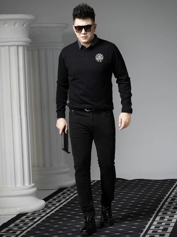 European-Style Round-Neck Sweater for Men, Faux Two-Piece, 2025 New Autumn and Winter Trendy Brand, Gold-Stamped, Warm Knit Base Shirt for Men