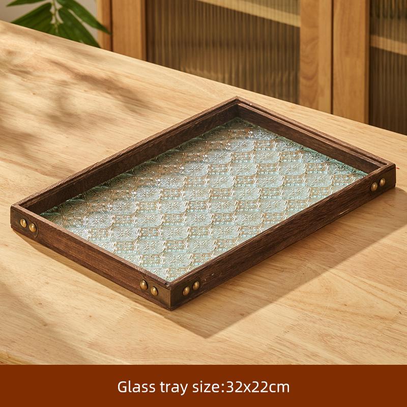 Solid Glass Wooden Tray Table Living Room Tray Coffee Snack Food Meals Chinese Tea Serving Tray Rectangular Fruit Bamboo