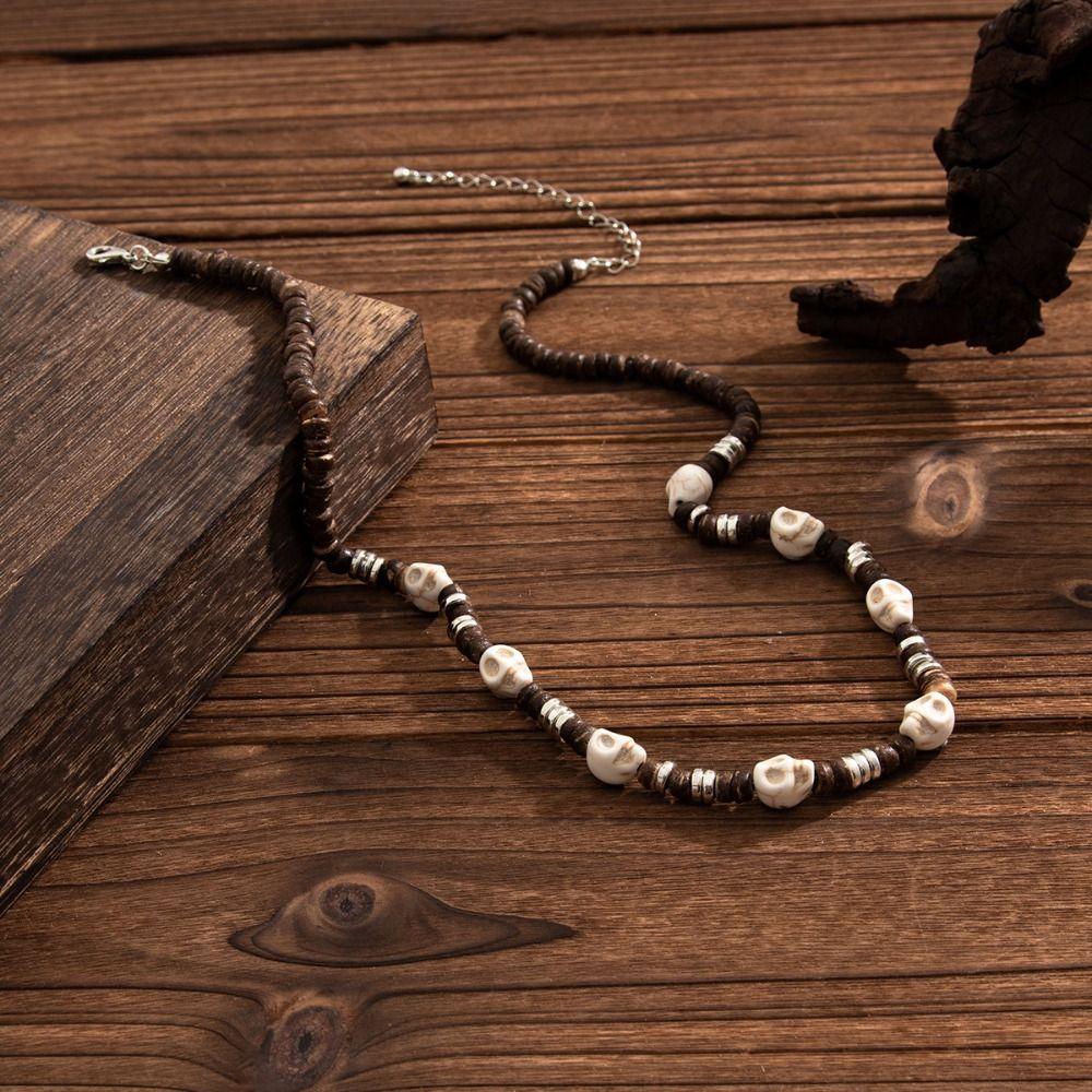 Gothic Skull Beaded Necklace Boho Wooden Choker Vintage Coconut Shell Necklace Party
