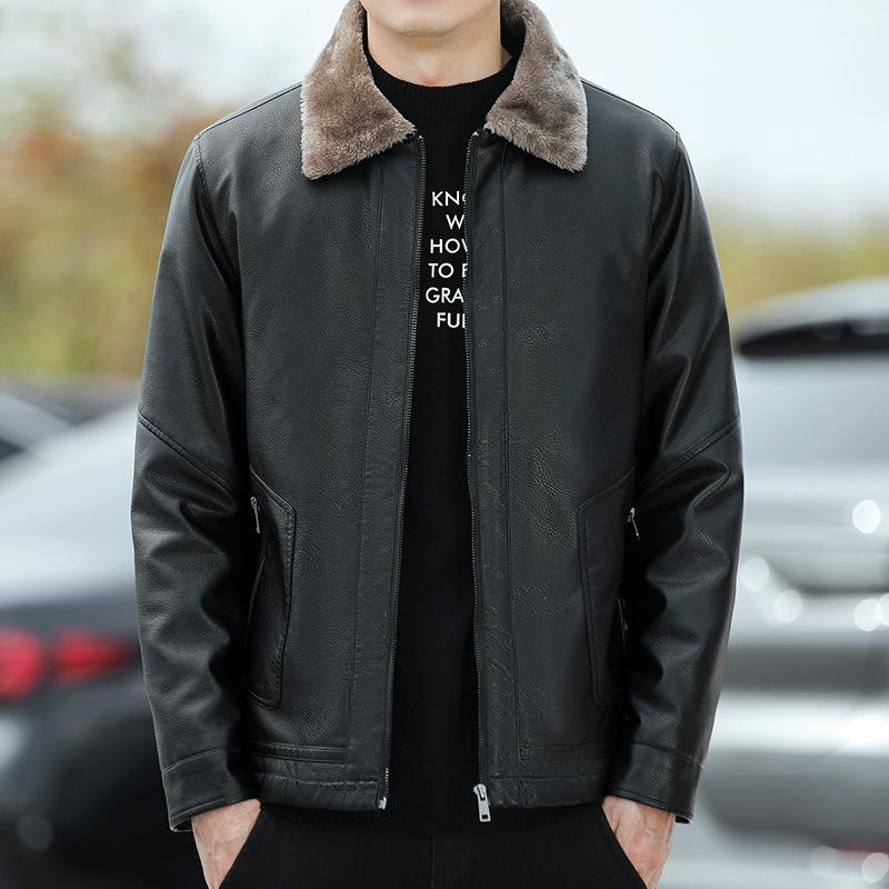 Куртка из бархатной кожи с лацканами, мужская куртка из искусственной кожи с мехом, свободная куртка среднего размера для мотоциклистов, утолщенная теплая мужская куртка