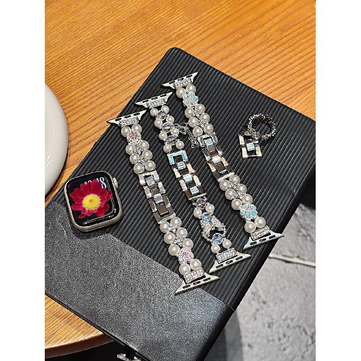 Pearl Beaded Bracelet for Apple Watch Bands for Women SE 11 40mm 41mm 42mm 38mm Dressy Metal Bling Jewelry Wristband Adjustable