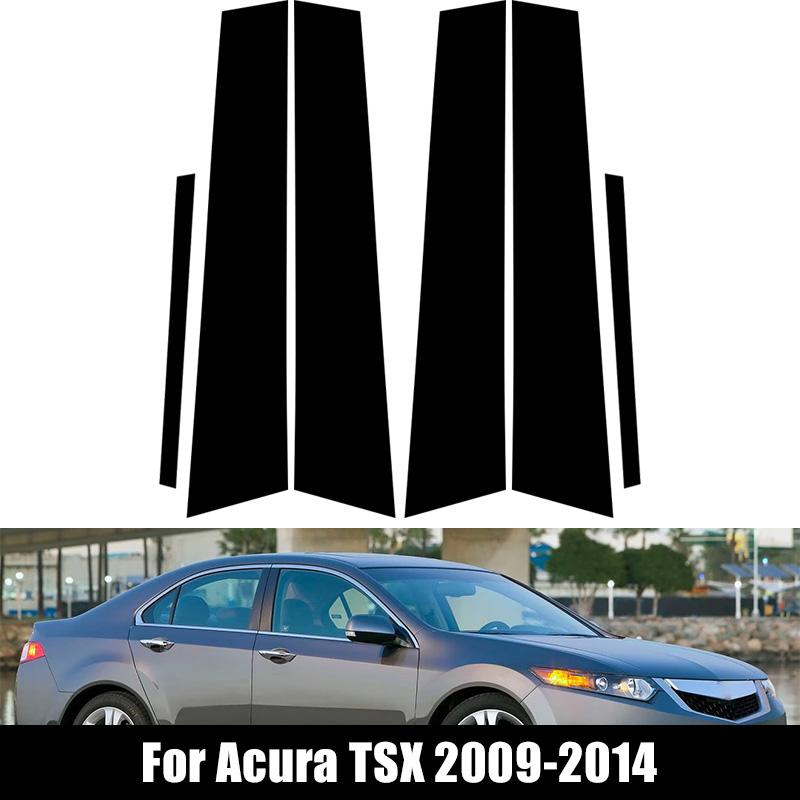 6 шт./комплект Подходит для Acura TSX 2009-2014 Глянцевый черный PC Материал Зеркальный эффект Накладка на центральную стойку BC, накладка на стойку двери и окна автомобиля