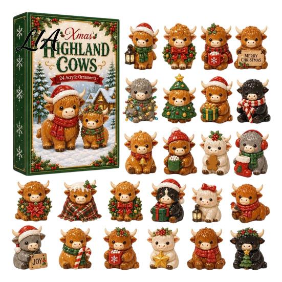 Farmhouse Style Seasonal Decor Christmas Highland Cow Advent Calendar, 24 Cute 3D Collectible Mini Thanksgiving Keepsake Gifts Figures, Holiday