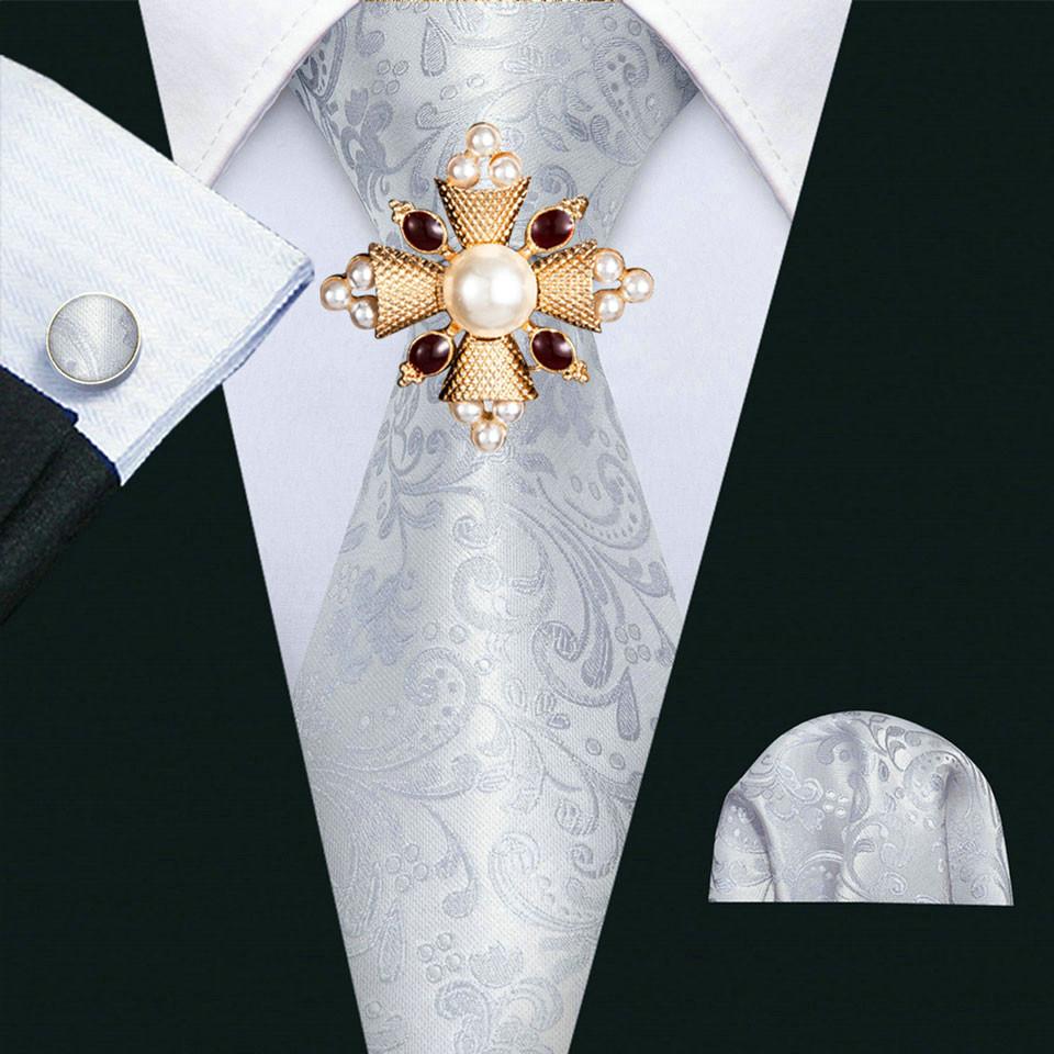 16 стилей галстука с жемчужной брошью для мужчин, тканый галстук с узором пейсли, носовой платок, запонки, комплект, свадебный формальный комплект