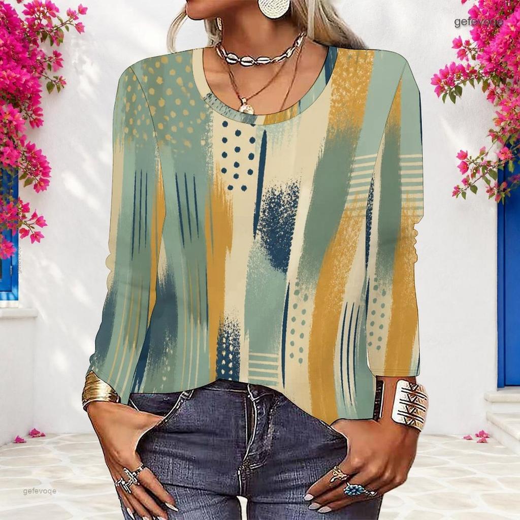 Women Plus Size Long Sleeve Shirt Watercolor Wavy Stripe Print Round Neck Loose Casual Pullover Tops For Daily Wear