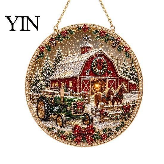 Durable Christmas Tree Decor Rhinestone Painting Suncatcher Kit, Round DIY Hanging Festive Decorations for Holidays Home, Craft Pendant Holiday Party