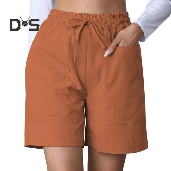 Women's Summer Shorts Casual Stretch Mid Waist Shorts with Pockets Drawstring Wide Leg Sports Pants Fitness Outfit