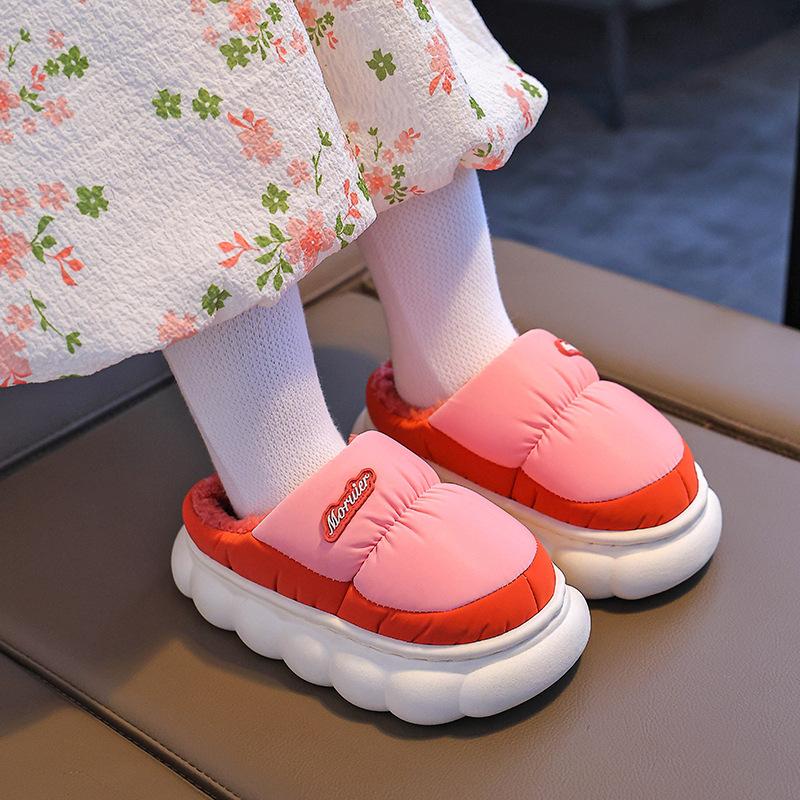 Children's cotton slippers for boys, winter plush and thickened, girls' furry parent-child anti-slip baby down fabric waterproof cotton shoes