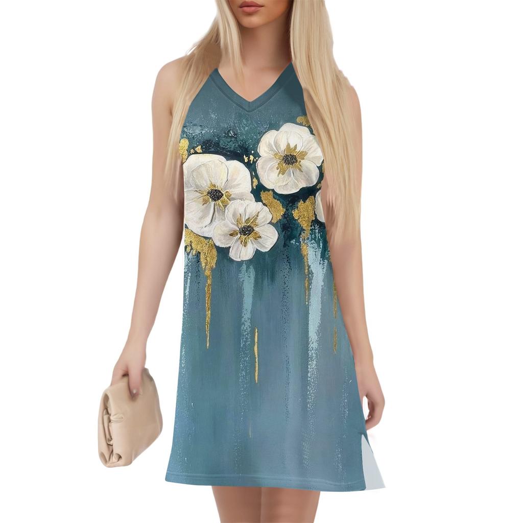 Women's V-neck Summer Casual Beach Vacation Women's Sleeveless Floral Print Sundress