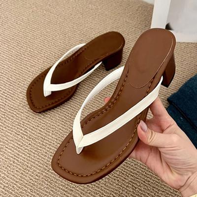 Японский стиль Пинч Узкая полоска Клип-носок Низкий квадратный каблук Шлепанцы Женские тапочки Сандалии Женская пляжная обувь Мюли Слайды