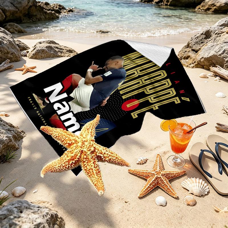 Custom Name Personalized Kylian Mbappe Print Beach Towel, for Trip Camping Beach Party Home Decor, Birthday Gift for Family & Friends