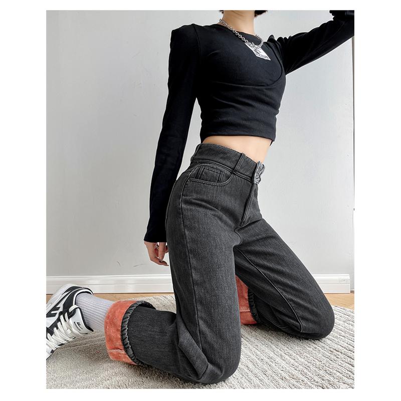 Винтажные женские джинсы с высокой талией, зимние толстые теплые уличные джинсы, широкие джинсы, женские джинсовые брюки, прямые мешковатые джинсовые брюки для мам