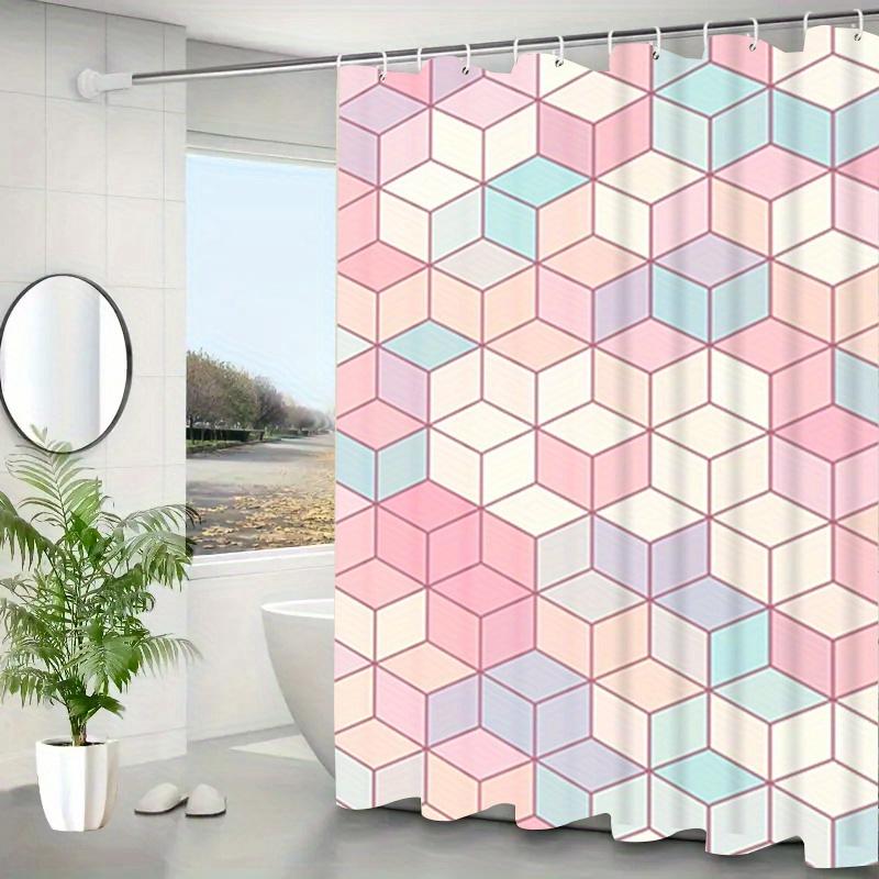 Hexagon Plaid Shower Curtain, Pastel Colors, Machine Washable Polyester with Hooks, Modern Bath Decor