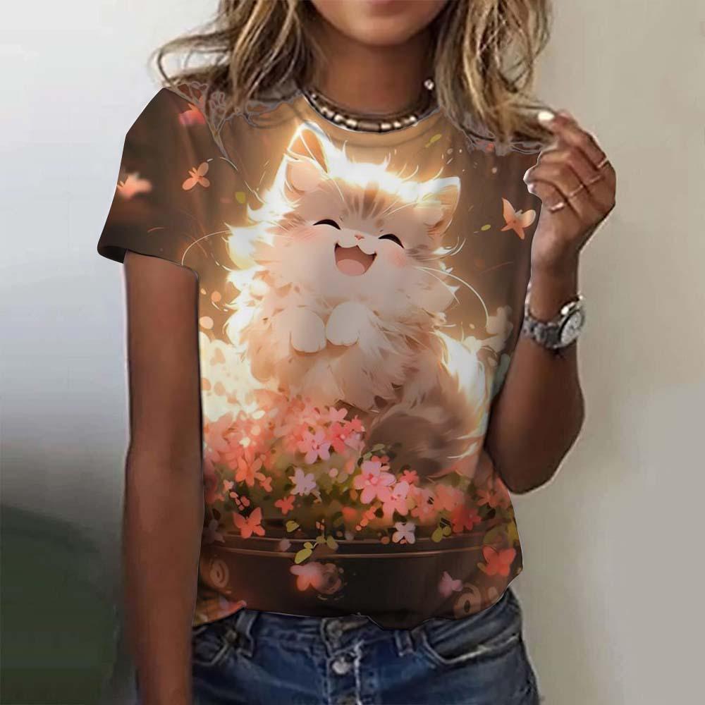 Женская футболка с короткими рукавами и принтом кота, повседневная, с 3D-узором для девочек на лето