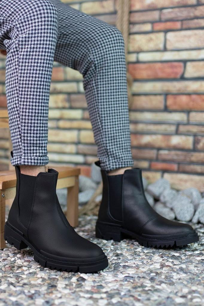 Men's Fashion Faux Leather Flat Heeled Booties Black Zipperless Boots Shoes