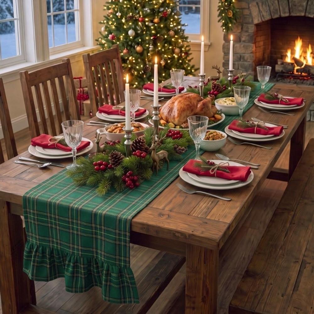 Rustic Style Plaid Table Runner Washable Ruffle Edge Table Flag Ruffled Table Runner Christmas