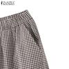 ZANZEA Summer Casual Elastic Waist Loose Wide Leg Plaid Print Pant For Women