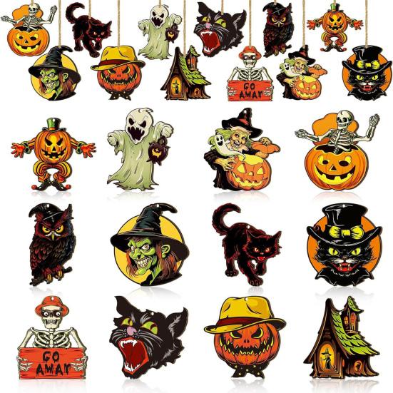 Halloween Wood Ornament for Tree Vintage Hanging Decoration Pumpkin Witch Black Cat Wooden Cutouts for Halloween Home Party Decor