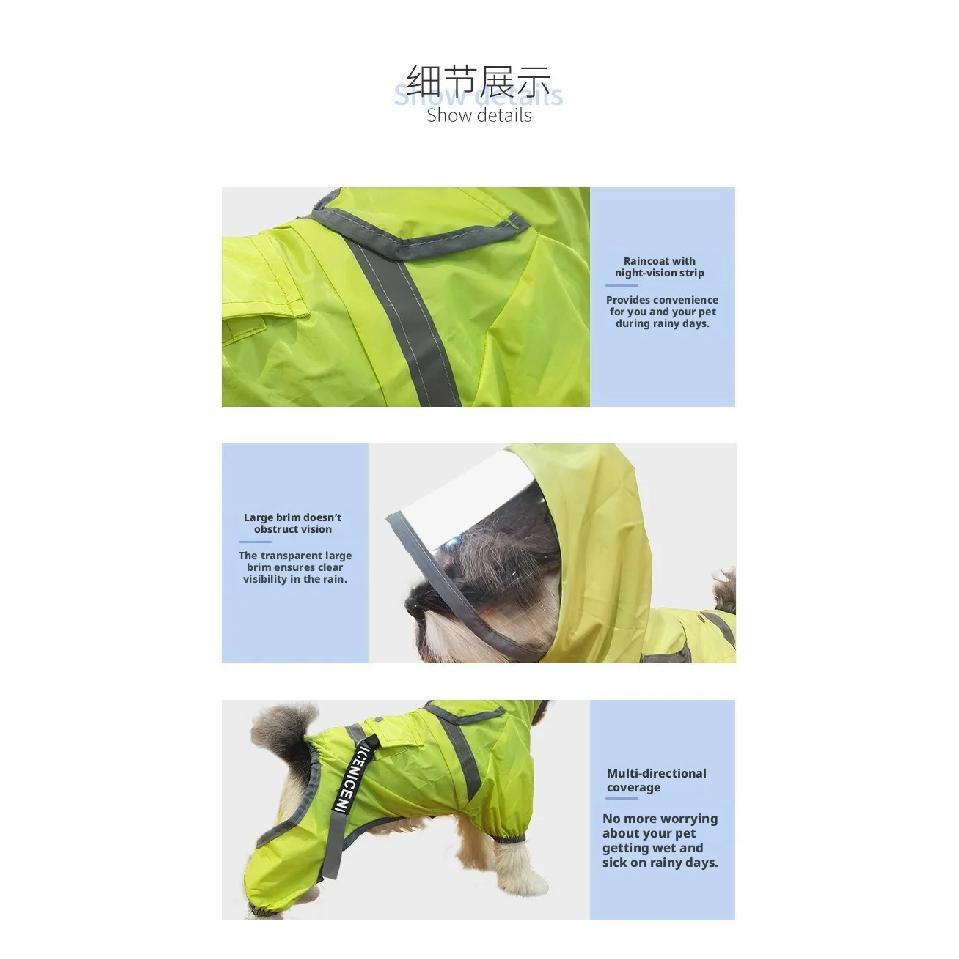 Reflective Dog Raincoat with Clear Hood, Waterproof 4-Legged Pet Rain Jacket for Small Medium Dogs