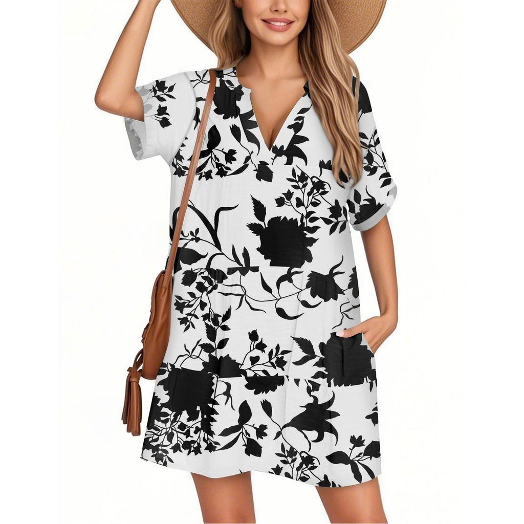Women's Fashion Smock Hawaiian Floral Casual Short Sleeve V-neck T-shirt Dress Holiday Beach Dress
