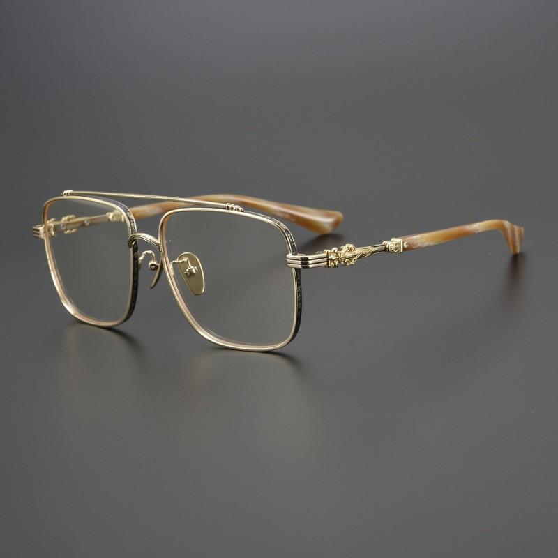 Japanese Style Handmade Large Frame Pure Titanium Gold Decorative Eyeglasses Men Women Plain Face Acetate Glasses With Carved