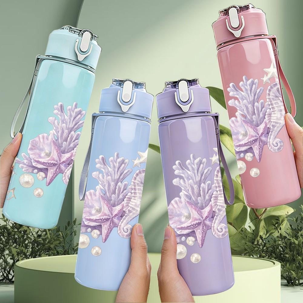 1PC Light Purple Lavender Floral Print 750ml Color Plastic Sports Water Bottle Leakproof Flip Straw Lid Suitable for Sports Office Home Use