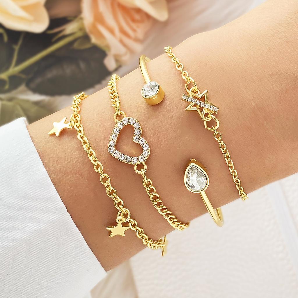 Womens Star Love Heart Rhinestone Bracelet Set