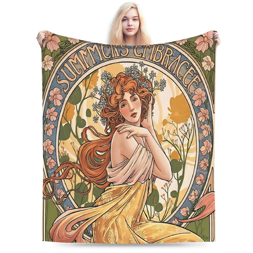 Language of Flowers Alphonse Mucha Plush Blanket Students Flannel Throw Blanket For Outdoor Soft Custom DIY Quality Bedspread