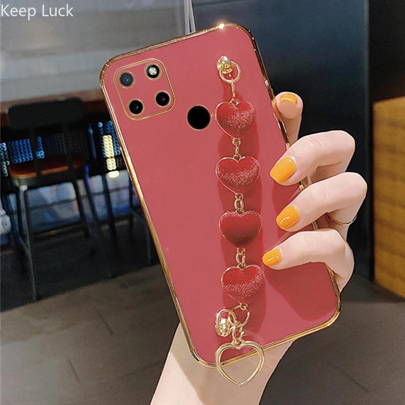 Плюшевый чехол-браслет Love Heart для Realme C55 C53 C35 C33 C31 C30 C21 C21Y C20 C17 C15 11 10ProPlus, силиконовый чехол с цепным покрытием