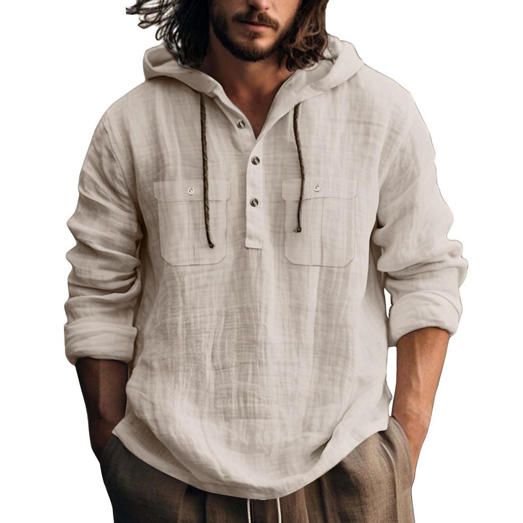 Мужская летняя однотонная куртка с карманами из хлопка и льна с длинным рукавом, на пуговицах, с капюшоном