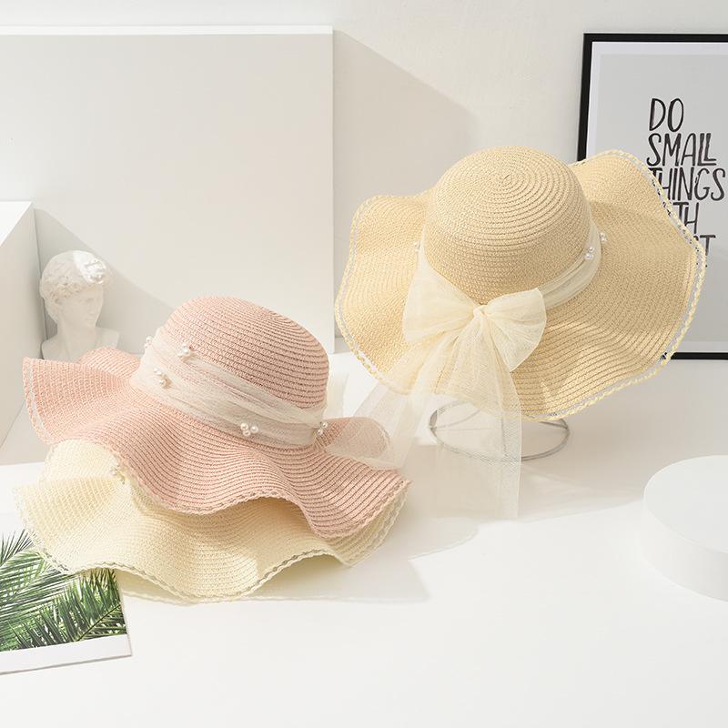 Summer Big Brimmed Woven Hat Women's Pearl Mesh Bow Straw Woven Hat Outdoor Sunscreen Hat