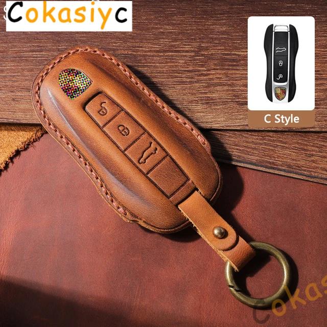 AABKR1 Leather Car Key Case Cover For Porsche Macan 911 Panamera Cayenne 2018 Replacement Boxster 986 987 981 Remote Fob Shell Keychain