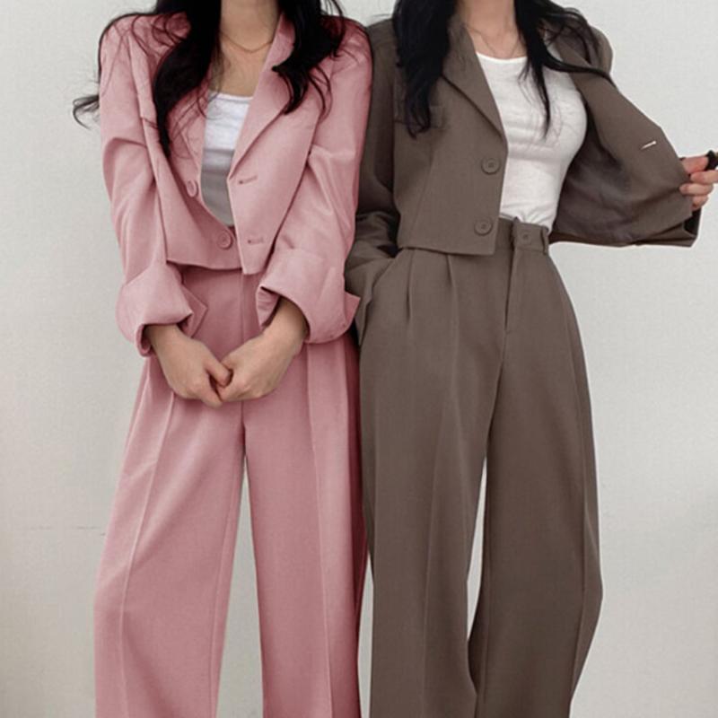 Two Piece Sets Women Outifits Fall Office Lady Pants Korean Blazer Suits Long Sleeve Fashion Coat Black High Waisted Pants