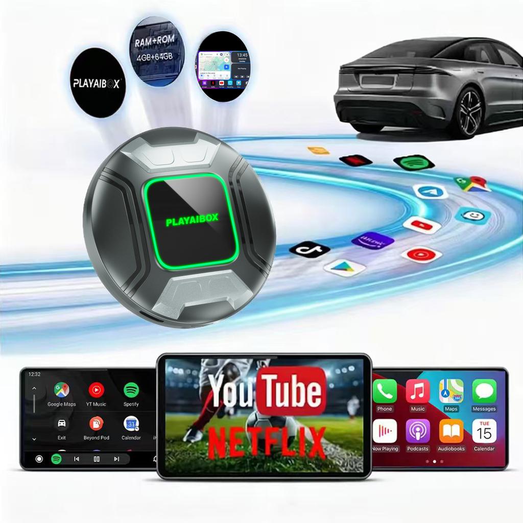 PlayAiBox Qualcomm 6225 Android15 Wireless Carplay AI Box 4GB+64GB Mirrolink 4G Network HDMI Car Multimedia for YouTube Netflix