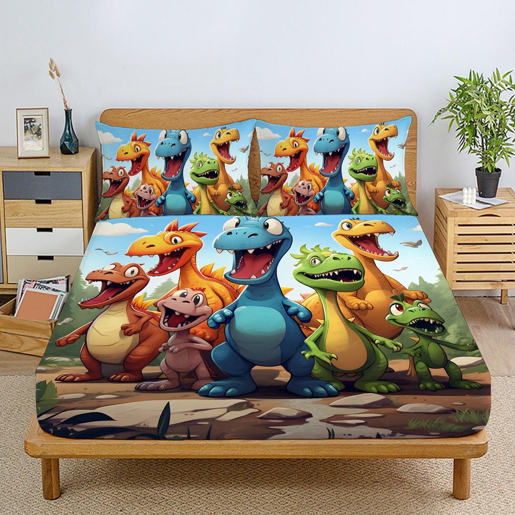 2/3pcs Cute Cartoon Dinosaur 3D Fitted Sheet Set Brushed Digital Printing Fitted Sheet Pillowcase Set (1 Fitted Sheet + 1/2