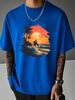 Unisex Summer White Short Sleeve Tee Sunset Surfer Palm Tree Sea Wave Bird Graphic Crew Neck Loose Casual Male Street Tops