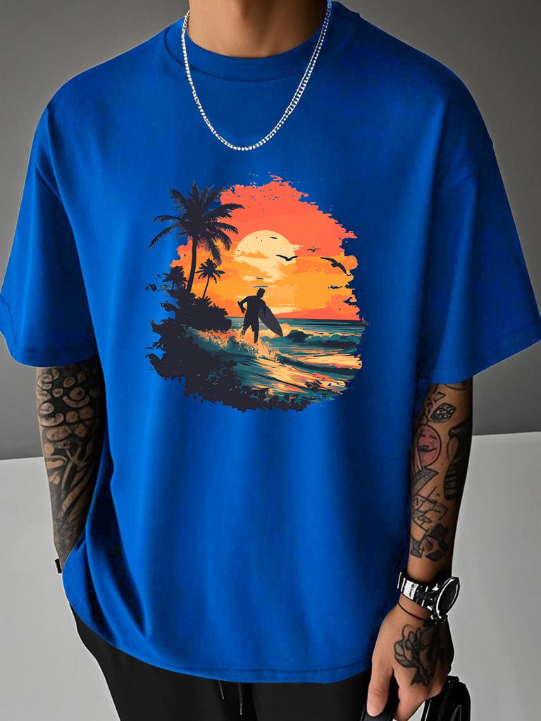 Unisex Summer White Short Sleeve Tee Sunset Surfer Palm Tree Sea Wave Bird Graphic Crew Neck Loose Casual Male Street Tops