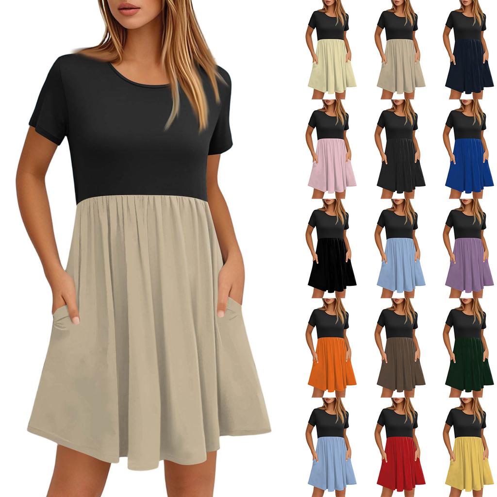 Женские модные повседневные свободные платья с круглым вырезом и коротким рукавом с цветными блоками и карманами