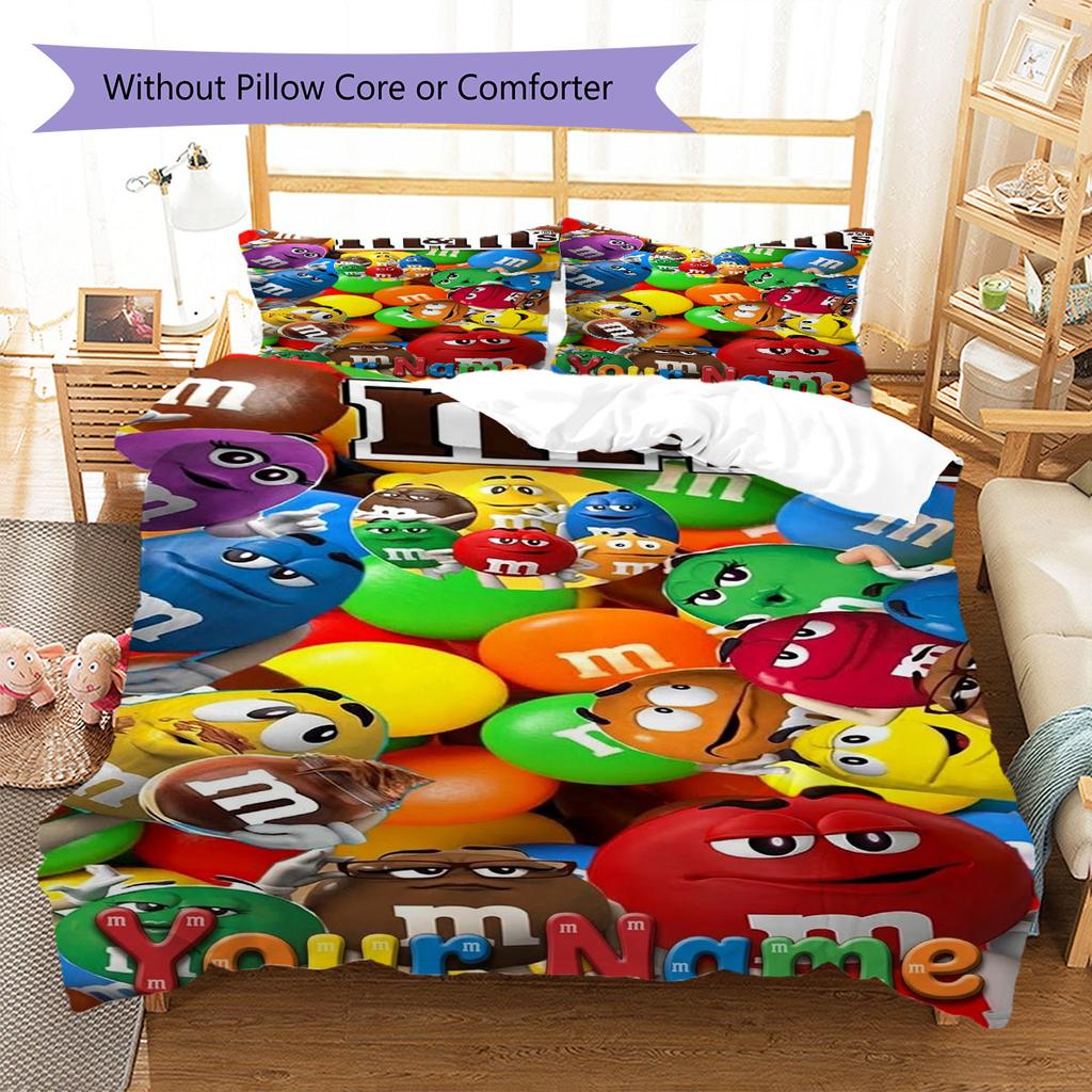 M&M's Custom Name Pattern Bedding,Quilt Set Quilt Cover Pillowcase Home Birthday Gift(1 * duvet cover + 2 * pillowcase, without core)