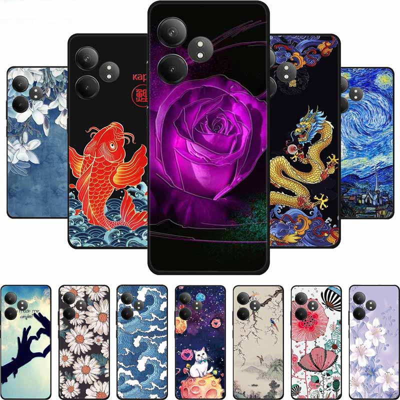 3D Тисненый Чехол Для Realme Narzo N61 Note 60 50 Realme GT 6 6T Neo6 SE C61 C63 Чехол Для Телефона Цветы Черный Силикон Мягкая Задняя Крышка