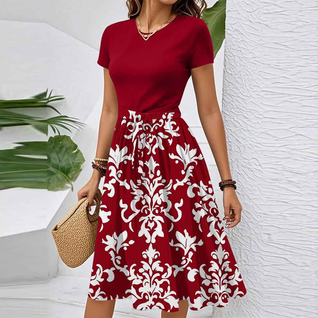 Women's Casual Fashion Belted Floral Print Short Sleeve Round Neck Elegant Dress