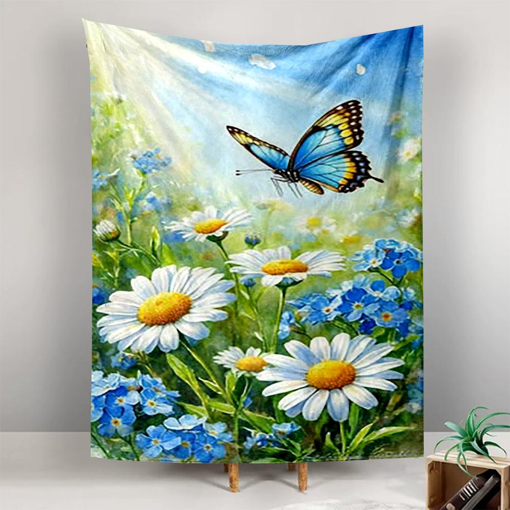 Blue Butterfly with Daisies and Sunshine Patterned tapestry for bedroom and living room home decor