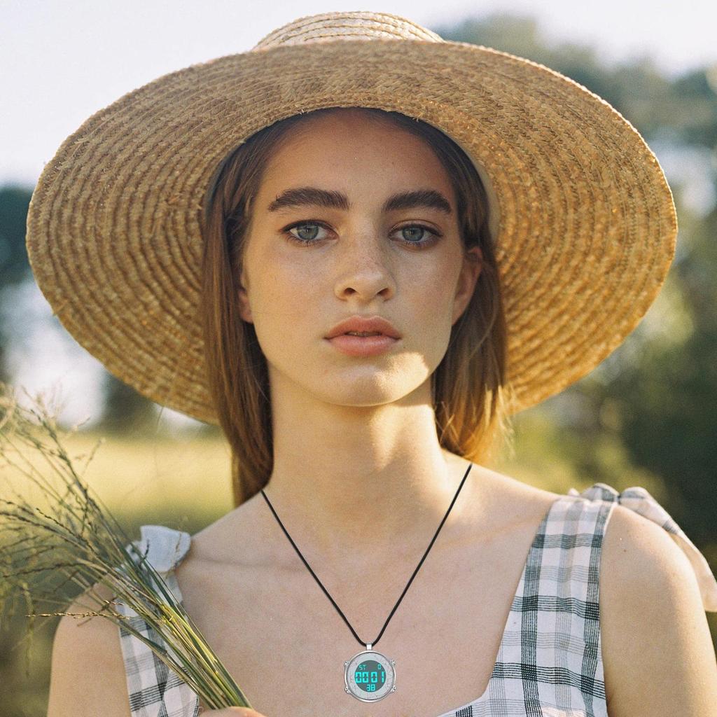 Pocket Watch Digital Pendant Watch Necklace Leather Chain 3ATM Waterproof Calendar Day of the Week Stopwatch Stylish Silver Fashion Accessory Men's