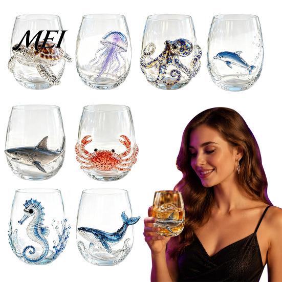 Handblown Borosilicate Glassware Octopus Glass Tumbler, 350ml Stemless Wine Glass, Whale Dolphin Turtle Gifts for Ocean Lovers Sea Creature