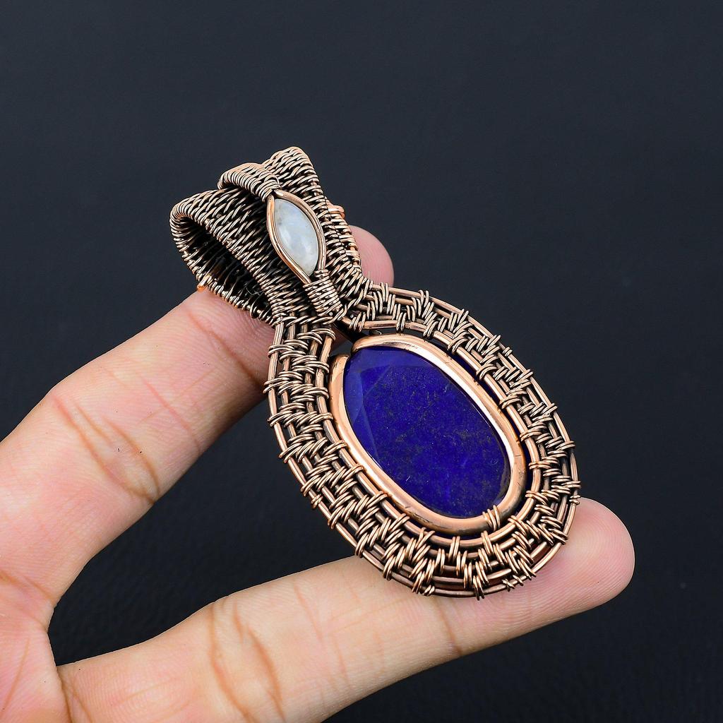 Lab-Created Blue Sapphire & Moonstone Gemstone Pure Copper Wire Wrap Handmade Wonderful Jewelry Pendant