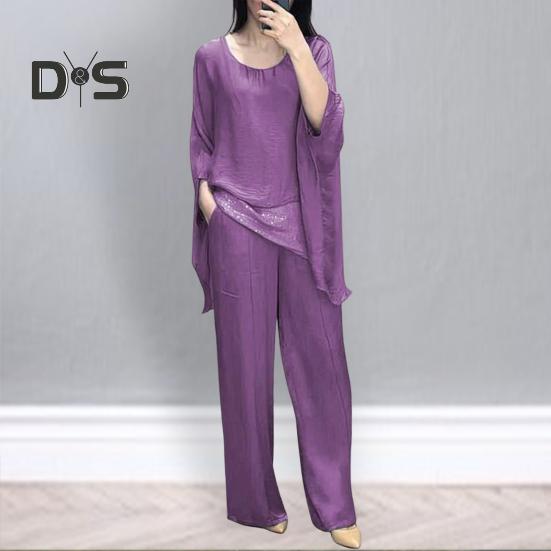 Женский повседневный костюм, топ, широкие брюки, свободный наряд для дома, вечеринки, офиса, с круглым вырезом, с рукавами «летучая мышь», комьютерный костюм