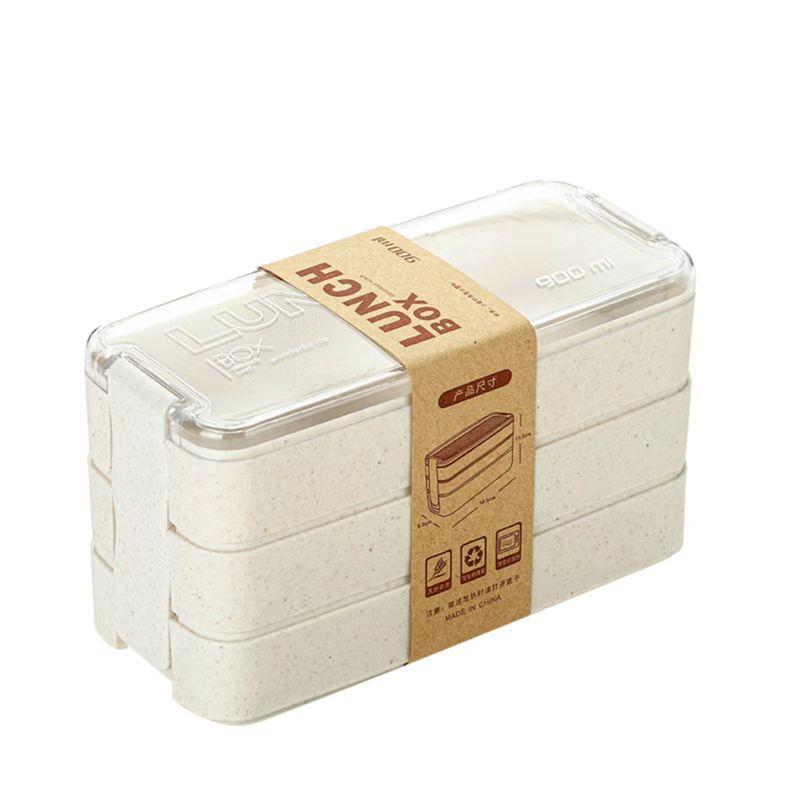 Bento Box for Adults, 3-In-1 Meal Prep Container, 900ML Lunch Box with Compartment, Wheat Straw, Leak-proof, Spoon & Fork